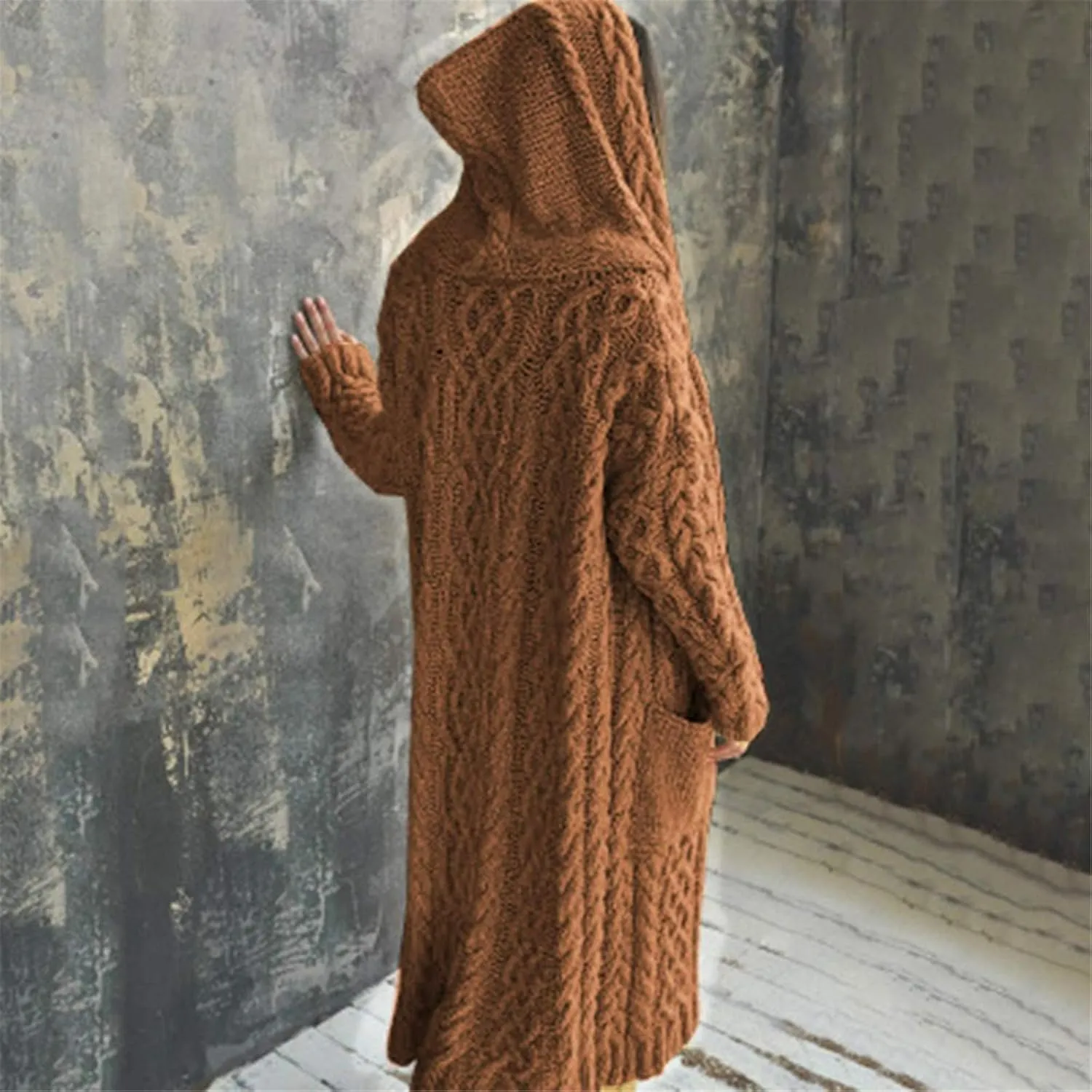 Women Open Front Cardigans 2024 Fall Trendy Plus Size Long Sleeve Coat Solid Cable Knit Hooded Jacket With Pockets