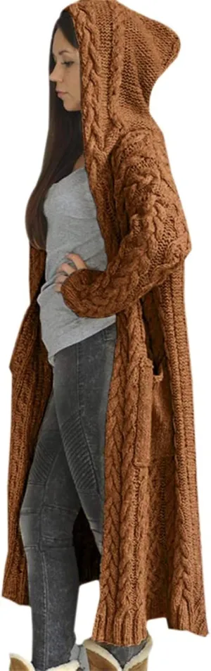 Women Open Front Cardigans 2024 Fall Trendy Plus Size Long Sleeve Coat Solid Cable Knit Hooded Jacket With Pockets
