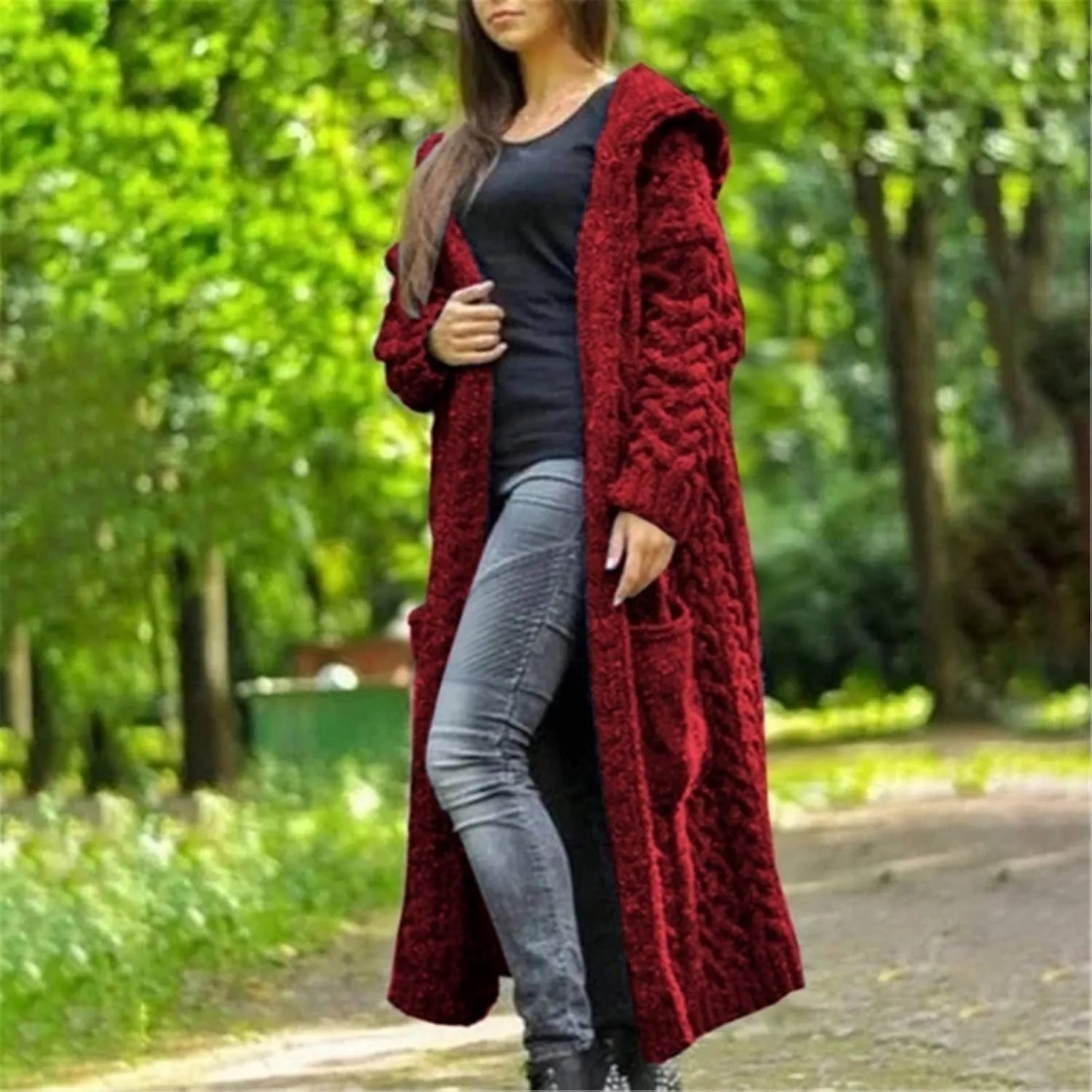 Women Open Front Cardigans 2024 Fall Trendy Plus Size Long Sleeve Coat Solid Cable Knit Hooded Jacket With Pockets