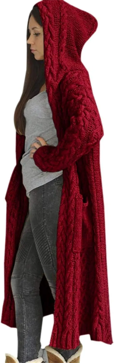 Women Open Front Cardigans 2024 Fall Trendy Plus Size Long Sleeve Coat Solid Cable Knit Hooded Jacket With Pockets
