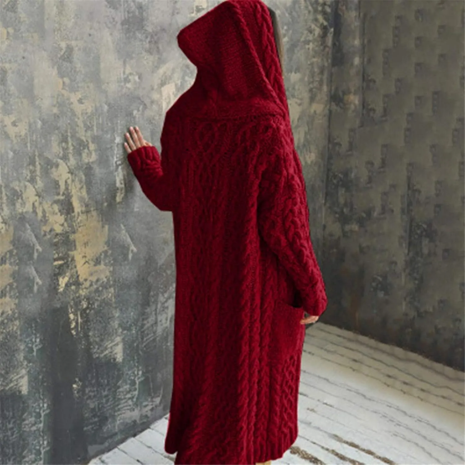 Women Open Front Cardigans 2024 Fall Trendy Plus Size Long Sleeve Coat Solid Cable Knit Hooded Jacket With Pockets