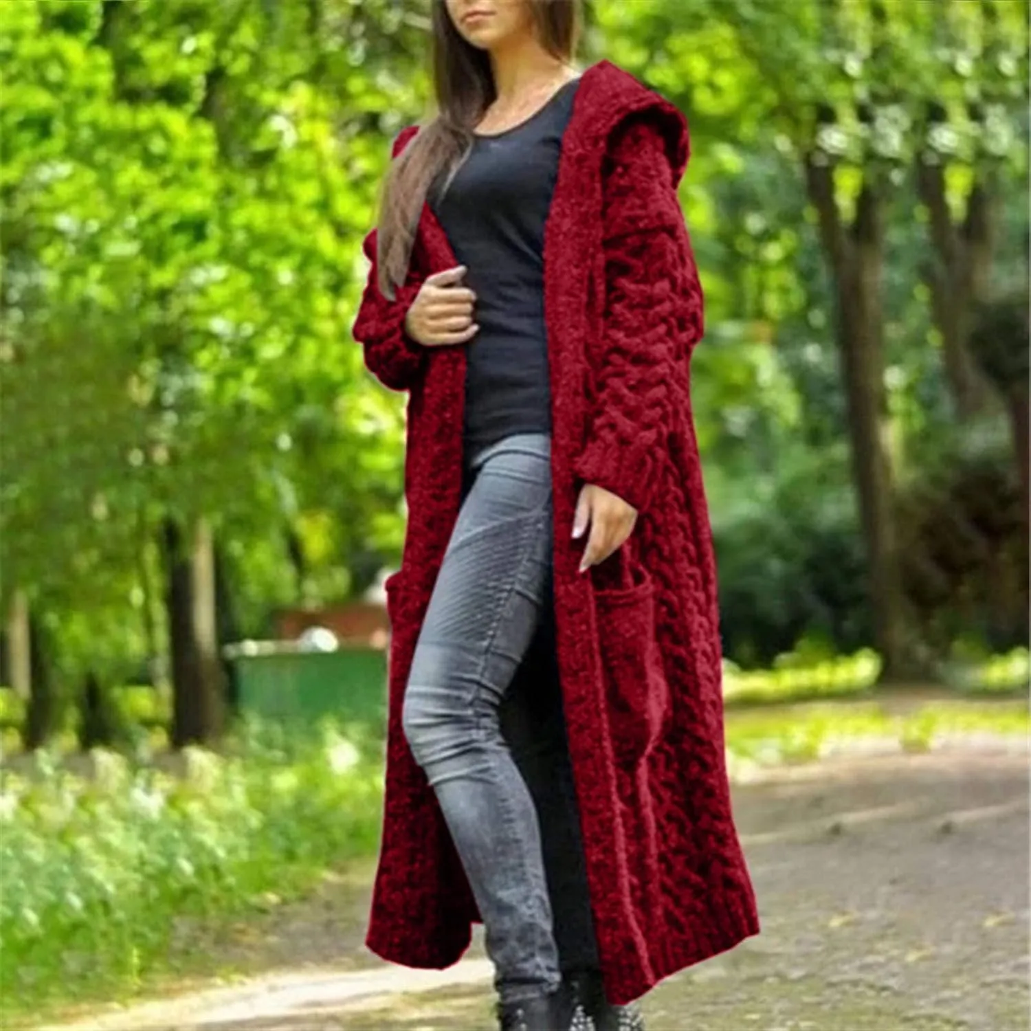 Women Open Front Cardigans 2024 Fall Trendy Plus Size Long Sleeve Coat Solid Cable Knit Hooded Jacket With Pockets