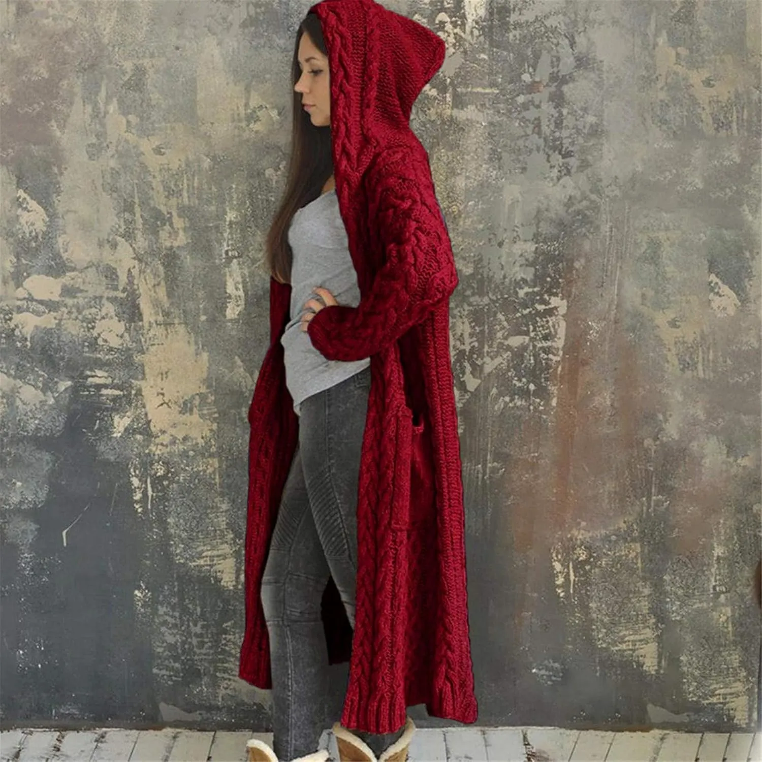 Women Open Front Cardigans 2024 Fall Trendy Plus Size Long Sleeve Coat Solid Cable Knit Hooded Jacket With Pockets