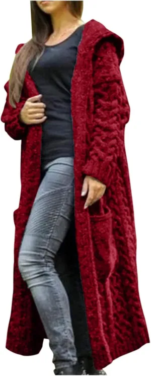 Women Open Front Cardigans 2024 Fall Trendy Plus Size Long Sleeve Coat Solid Cable Knit Hooded Jacket With Pockets