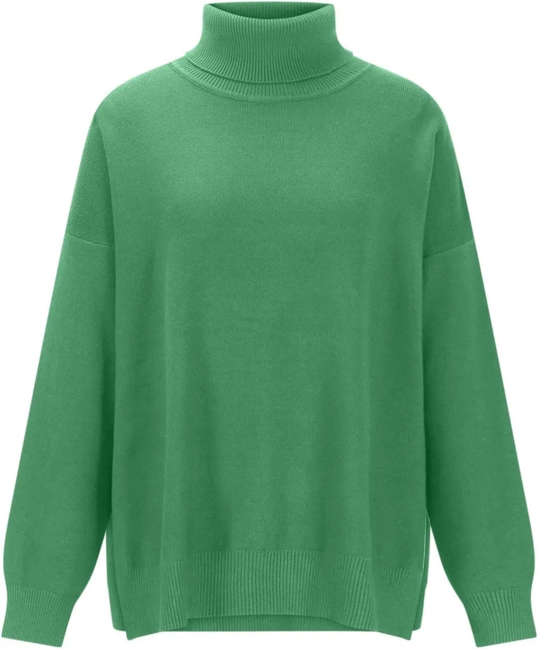 Women Turtleneck Knitted Sweater Long Sleeve Oversized Drop Shoulder Tunic Sweater Side Slit Solid Warm Sweater Top