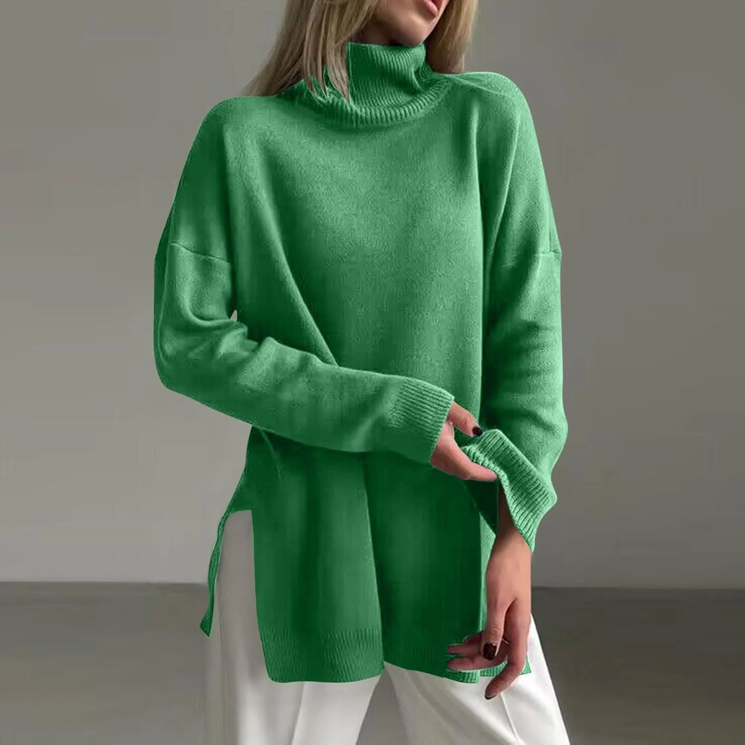 Women Turtleneck Knitted Sweater Long Sleeve Oversized Drop Shoulder Tunic Sweater Side Slit Solid Warm Sweater Top