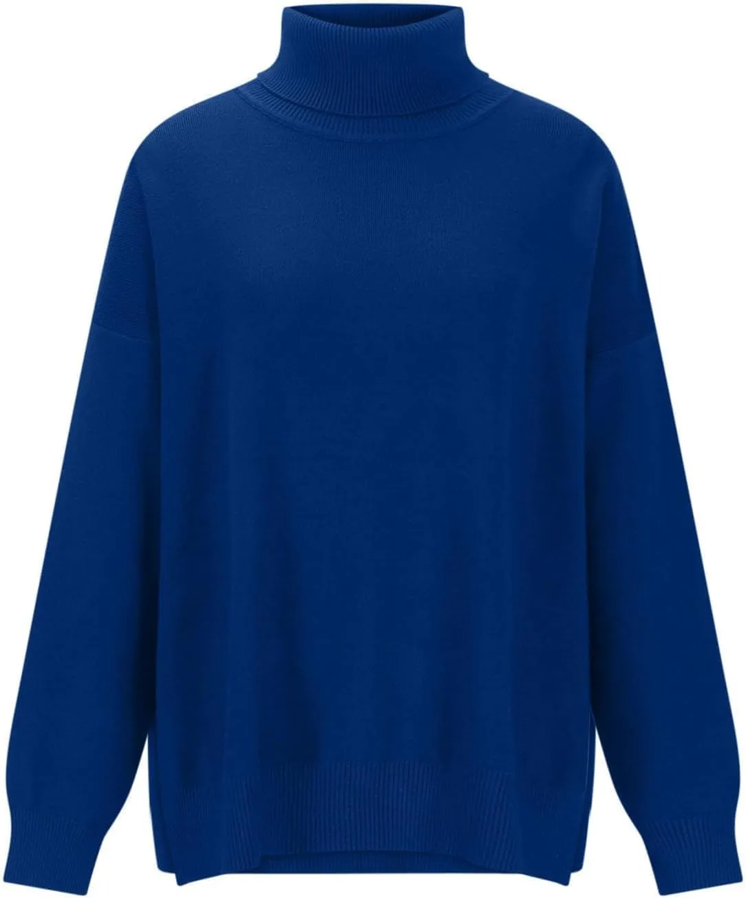 Women Turtleneck Knitted Sweater Long Sleeve Oversized Drop Shoulder Tunic Sweater Side Slit Solid Warm Sweater Top
