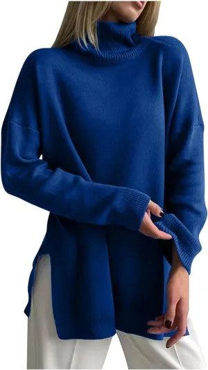 Women Turtleneck Knitted Sweater Long Sleeve Oversized Drop Shoulder Tunic Sweater Side Slit Solid Warm Sweater Top