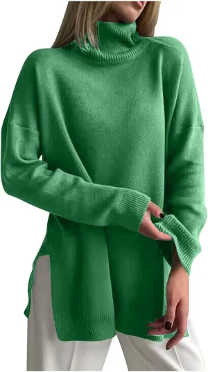Women Turtleneck Knitted Sweater Long Sleeve Oversized Drop Shoulder Tunic Sweater Side Slit Solid Warm Sweater Top
