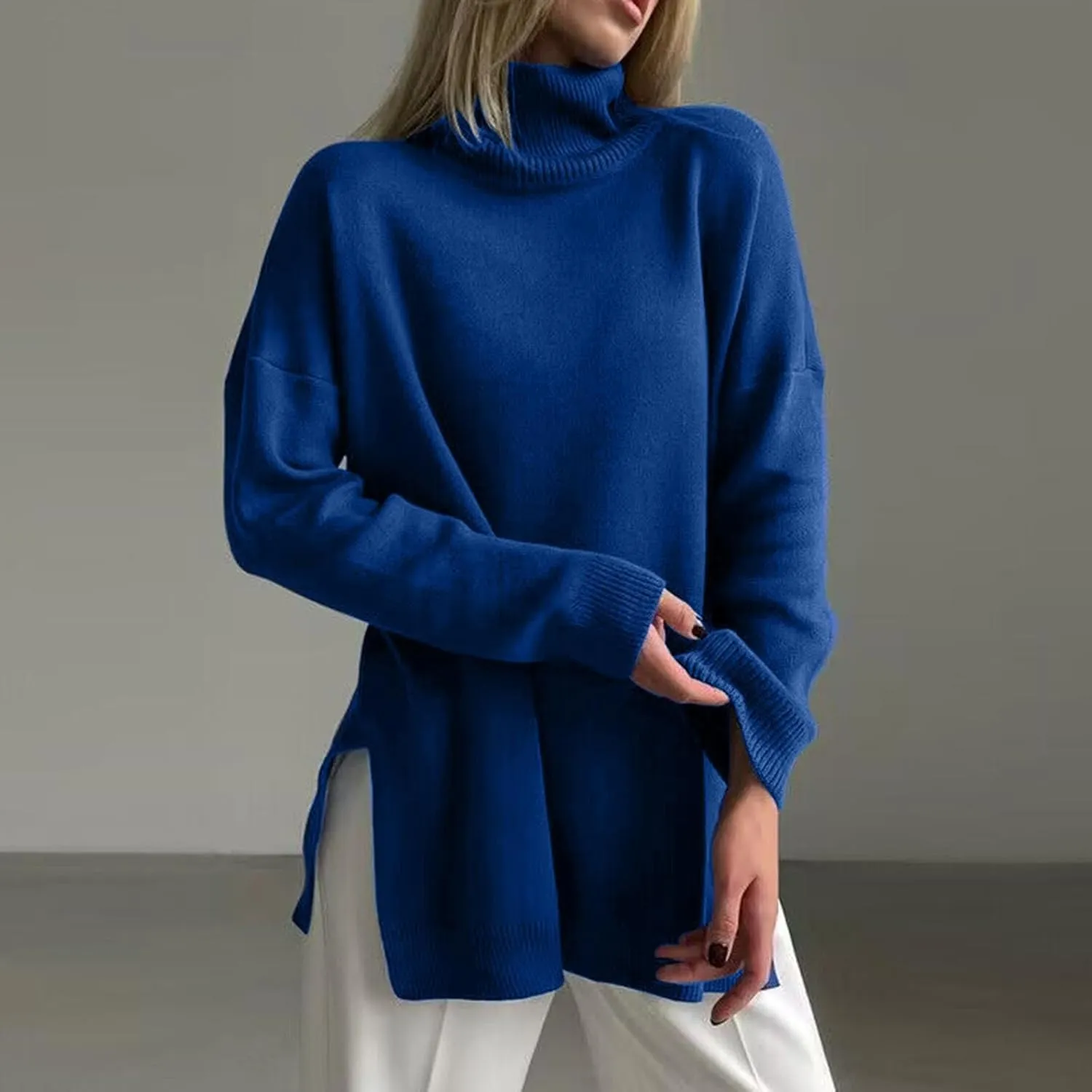 Women Turtleneck Knitted Sweater Long Sleeve Oversized Drop Shoulder Tunic Sweater Side Slit Solid Warm Sweater Top