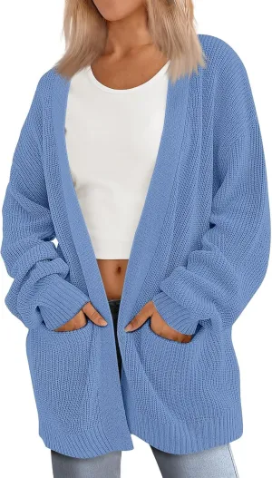 Womens 2024 Casual Fall Long Sleeve Open Front Waffle Knit Draped Cozy Cardigan Sweaters Outerwear with Pockets
