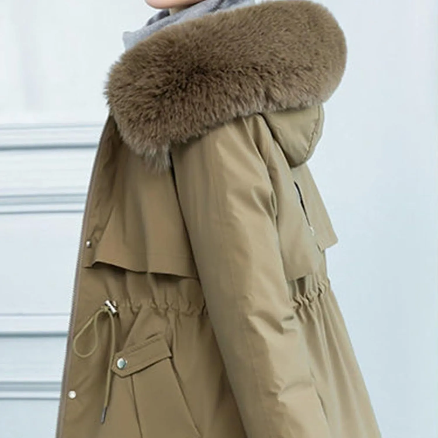 Womens 2024 Winter Fashion Cropped Coats Casual Warm Hood Puffer Jacket Elegant Long Sleeve Waist Cinching Down Coat
