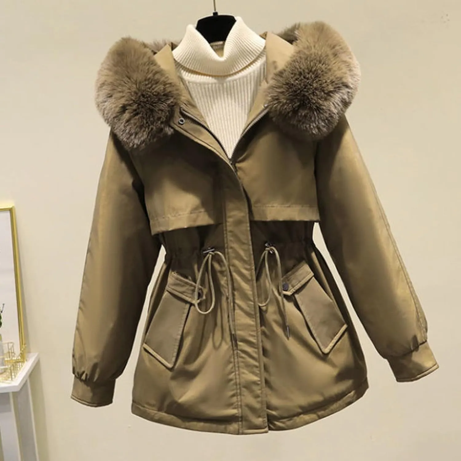 Womens 2024 Winter Fashion Cropped Coats Casual Warm Hood Puffer Jacket Elegant Long Sleeve Waist Cinching Down Coat