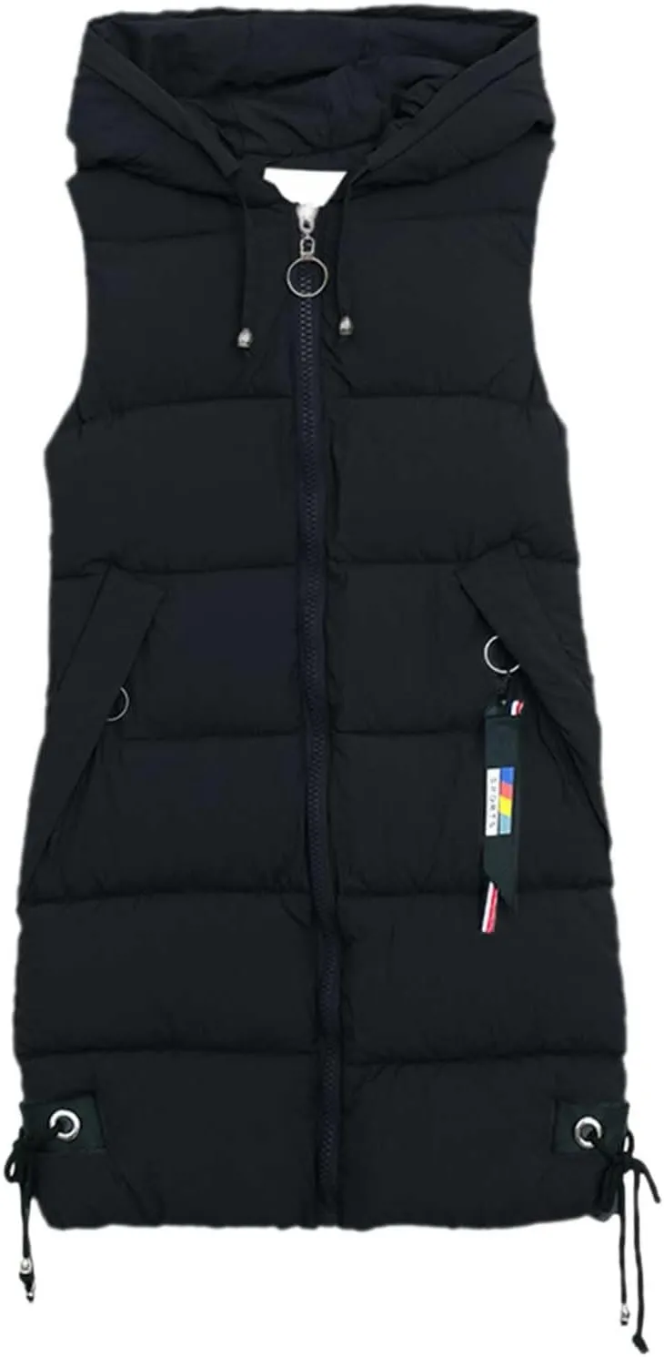 Womens Casual Long Puffer Jacket Vest Fashion Solid Full Zip Drawstring Outwear Loose Fit Hooded Sleeveless Overcoat