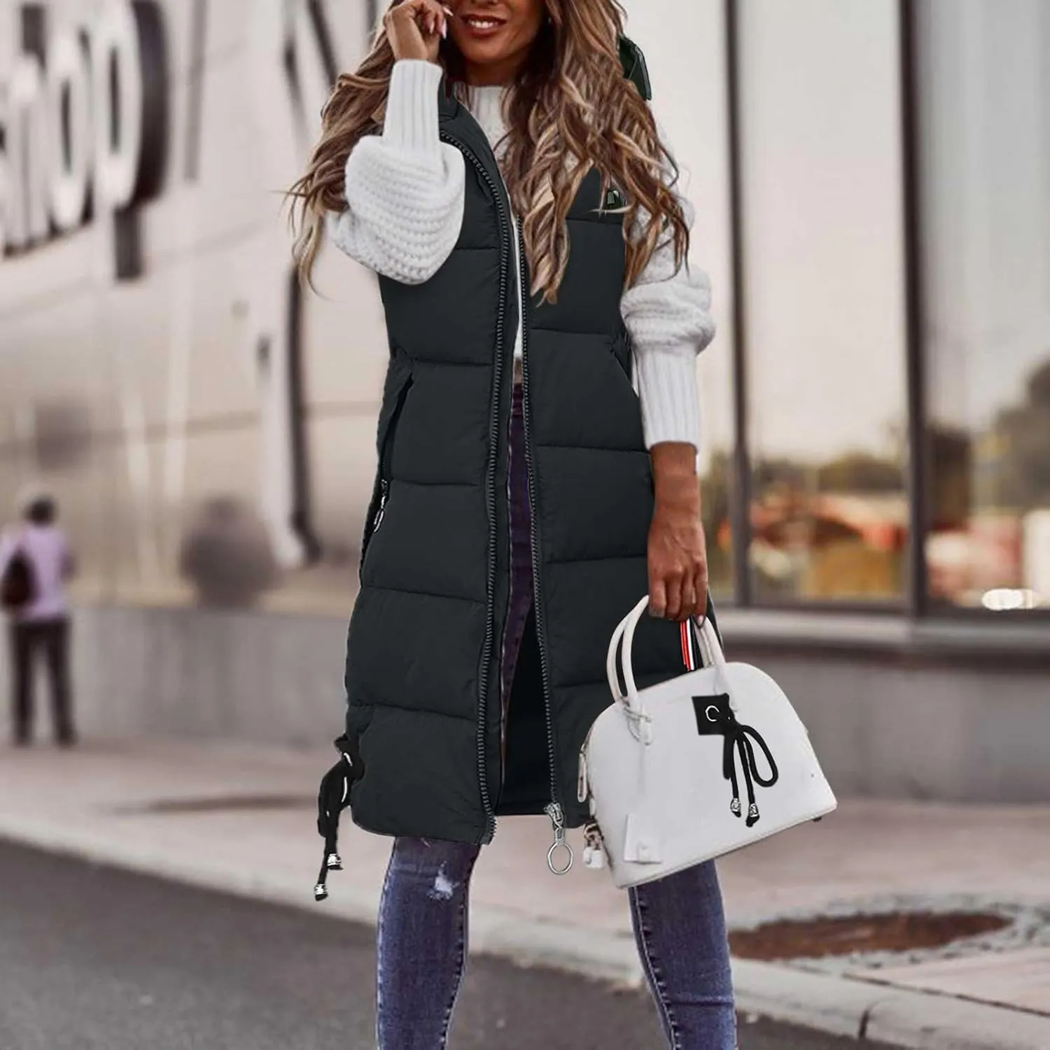 Womens Casual Long Puffer Jacket Vest Fashion Solid Full Zip Drawstring Outwear Loose Fit Hooded Sleeveless Overcoat