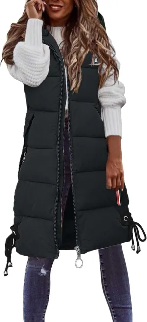 Womens Casual Long Puffer Jacket Vest Fashion Solid Full Zip Drawstring Outwear Loose Fit Hooded Sleeveless Overcoat