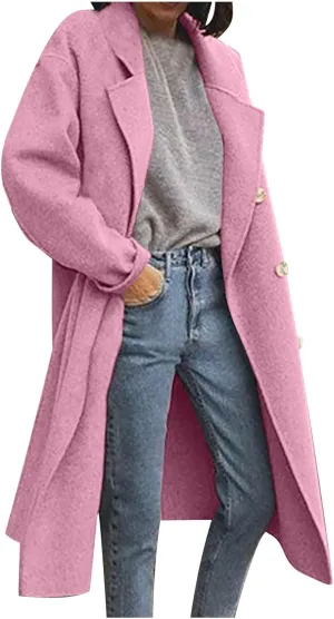 Women's Double Breasted Long Coats Plus Size Notch Lapel Peacoats Casual Open Front Overcoat Winter Trench Coats
