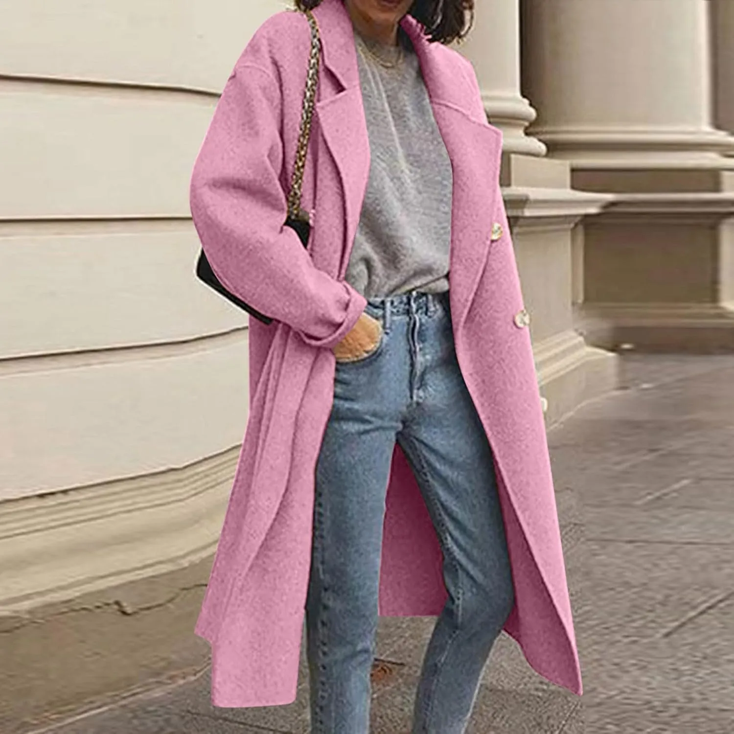 Women's Double Breasted Long Coats Plus Size Notch Lapel Peacoats Casual Open Front Overcoat Winter Trench Coats