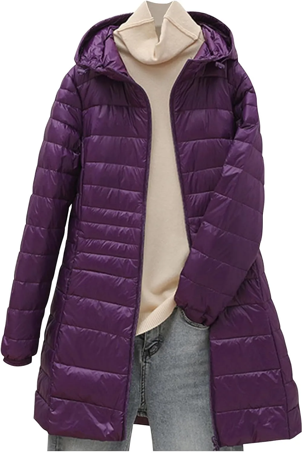 Womens Lightweight Long Puffer Jacket Winter Warm Packable Down Coat Oversized Zip Up Long Sleeve Outerwear With Hood
