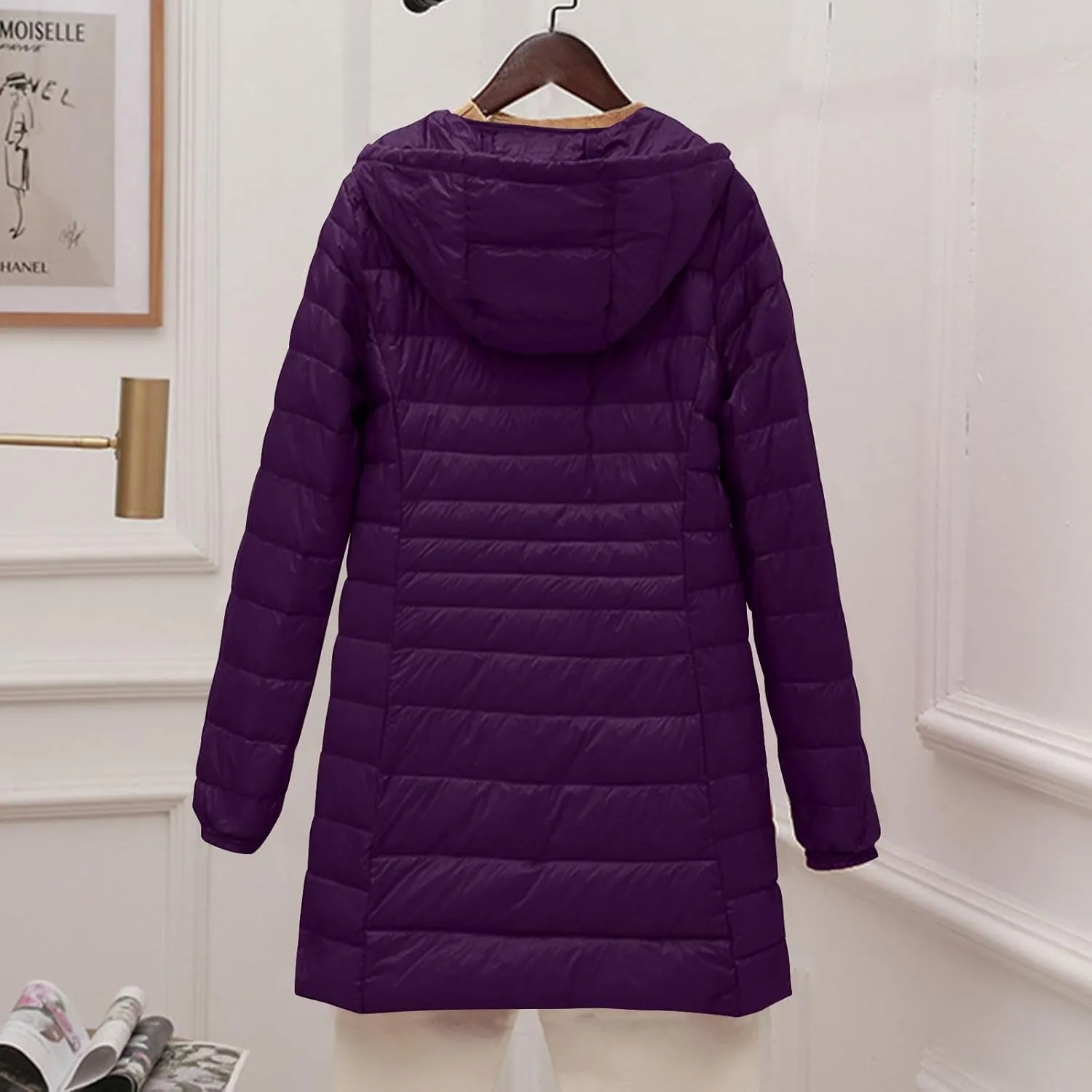 Womens Lightweight Long Puffer Jacket Winter Warm Packable Down Coat Oversized Zip Up Long Sleeve Outerwear With Hood