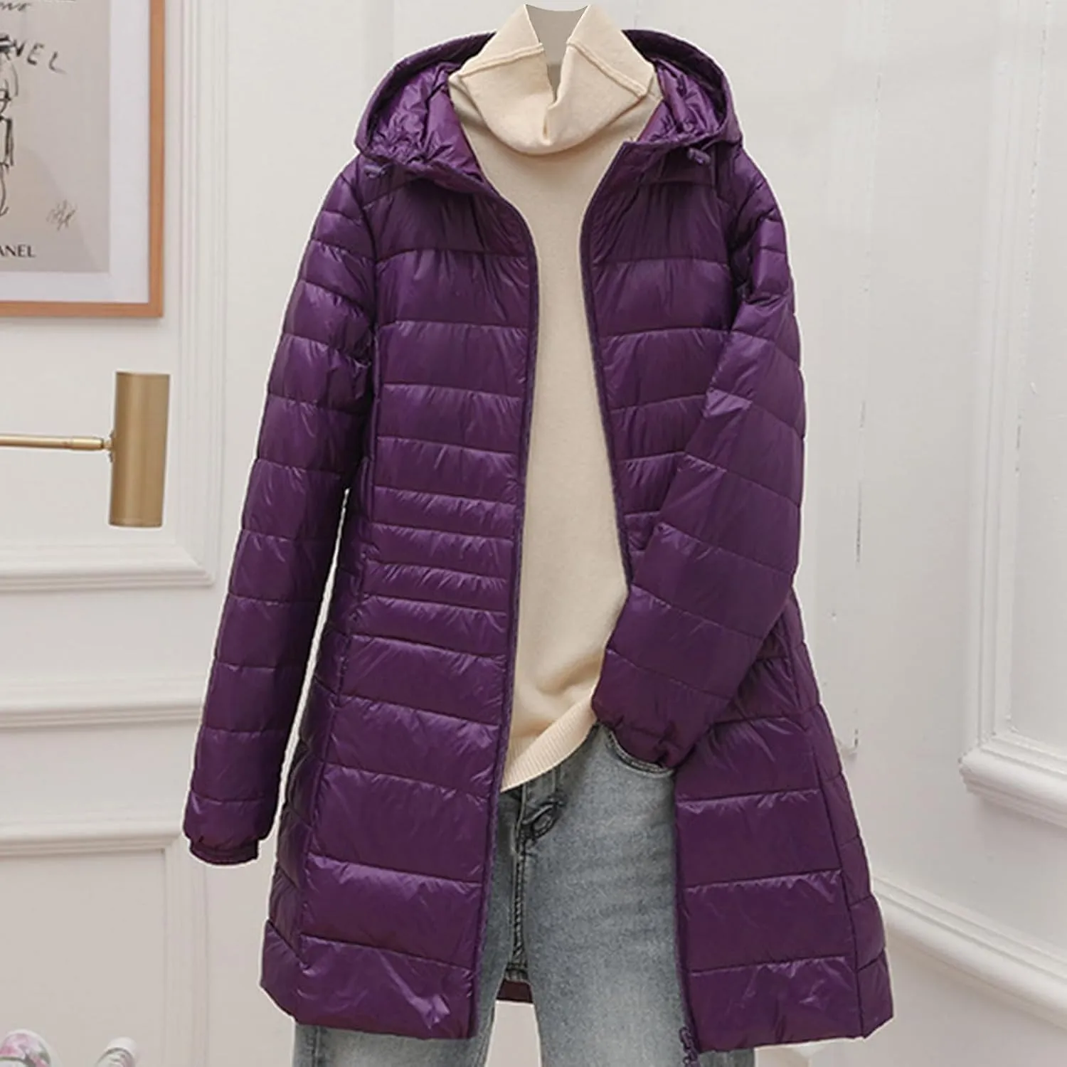 Womens Lightweight Long Puffer Jacket Winter Warm Packable Down Coat Oversized Zip Up Long Sleeve Outerwear With Hood