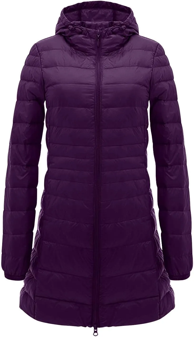Womens Lightweight Long Puffer Jacket Winter Warm Packable Down Coat Oversized Zip Up Long Sleeve Outerwear With Hood