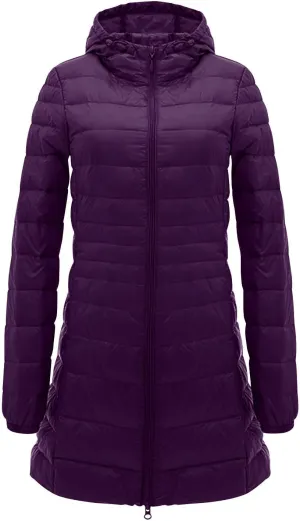 Womens Lightweight Long Puffer Jacket Winter Warm Packable Down Coat Oversized Zip Up Long Sleeve Outerwear With Hood