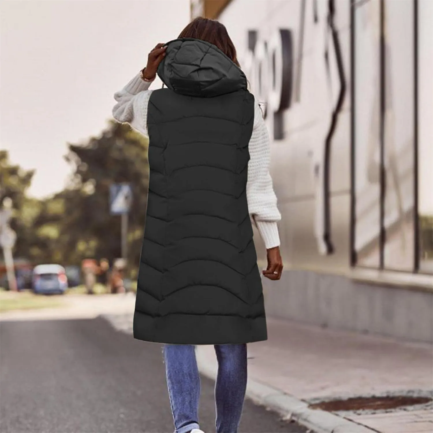 Women's Long Puffer Vest Sleeveless Long Down Jackets Winter Warm Outdoor Puffer Quilted Vest Plus Size Hooded Coats