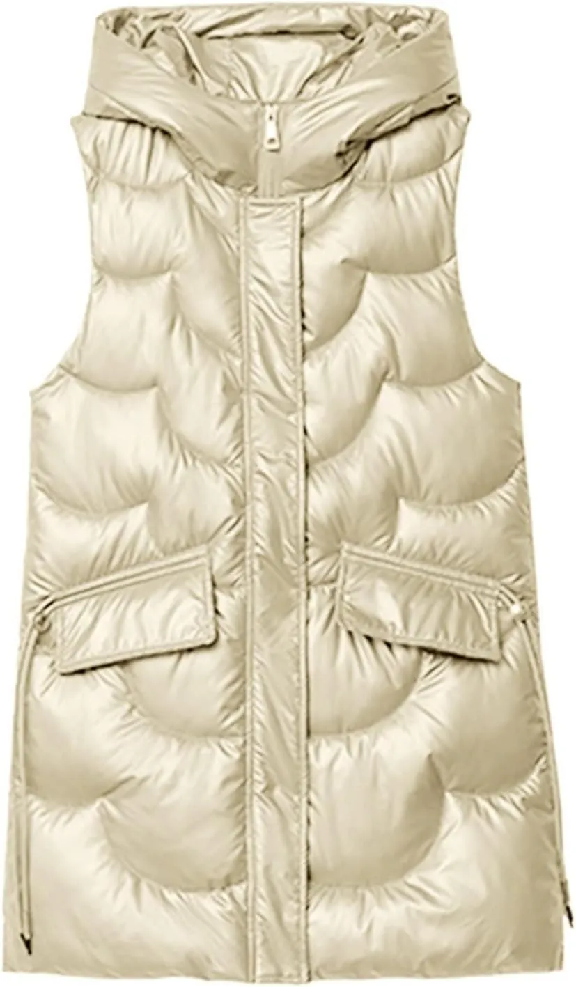 Women's Long Puffer Vest Sleeveless Long Down Jackets Winter Warm Outdoor Puffer Quilted Vest Plus Size Hooded Coats