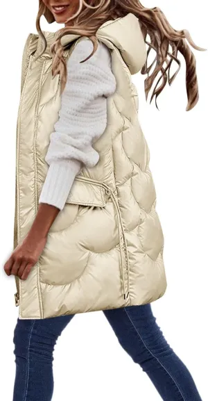 Women's Long Puffer Vest Sleeveless Long Down Jackets Winter Warm Outdoor Puffer Quilted Vest Plus Size Hooded Coats
