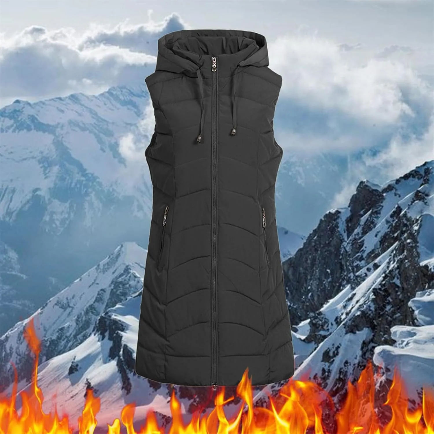 Women's Long Puffer Vest Sleeveless Long Down Jackets Winter Warm Outdoor Puffer Quilted Vest Plus Size Hooded Coats