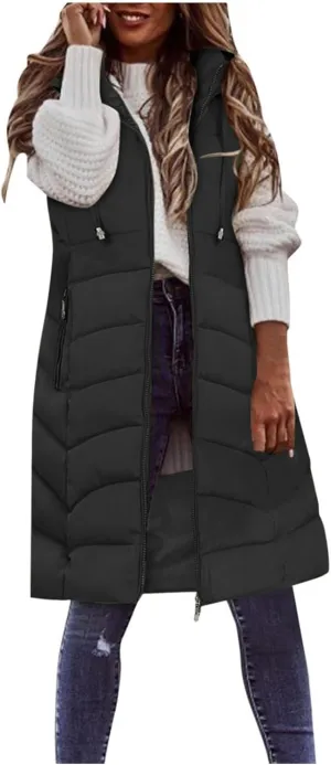 Women's Long Puffer Vest Sleeveless Long Down Jackets Winter Warm Outdoor Puffer Quilted Vest Plus Size Hooded Coats