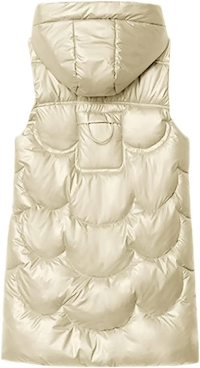 Women's Long Puffer Vest Sleeveless Long Down Jackets Winter Warm Outdoor Puffer Quilted Vest Plus Size Hooded Coats
