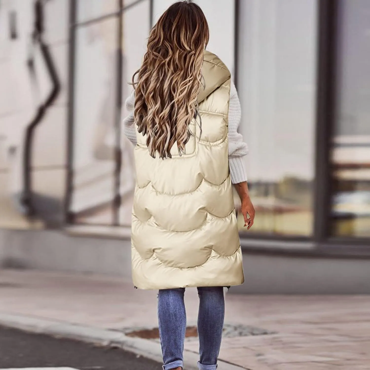 Women's Long Puffer Vest Sleeveless Long Down Jackets Winter Warm Outdoor Puffer Quilted Vest Plus Size Hooded Coats