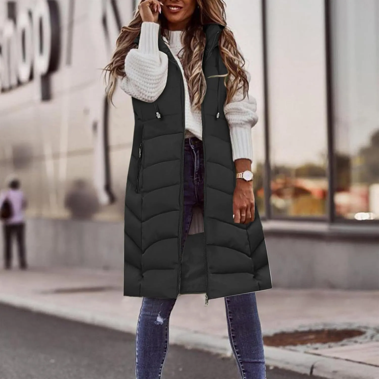 Women's Long Puffer Vest Sleeveless Long Down Jackets Winter Warm Outdoor Puffer Quilted Vest Plus Size Hooded Coats