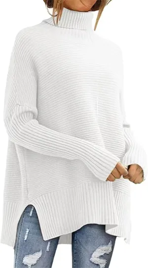 Women's Turtleneck Oversized Sweaters, Long Batwing Sleeve Spilt Hem Tunic Chunky Knit Slouchy Pullover Sweater Tops