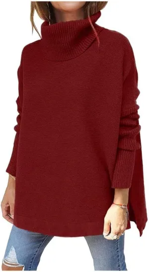 Women's Turtleneck Sweater Chunky Long Sleeve Knitted Pullover High Low Hem Trendy 2024 Fall Winter Tops