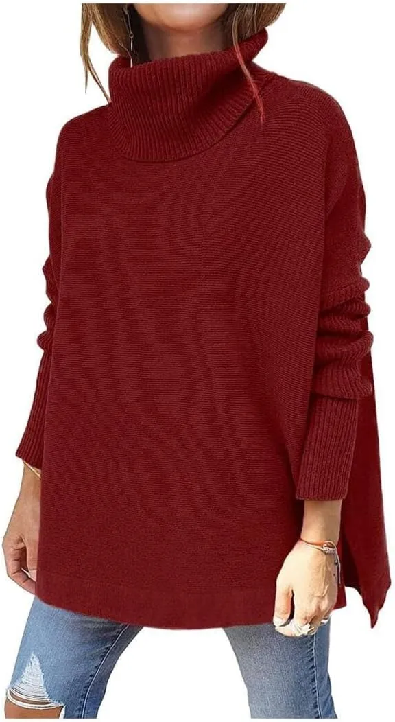 Women's Turtleneck Sweater Chunky Long Sleeve Knitted Pullover High Low Hem Trendy 2024 Fall Winter Tops