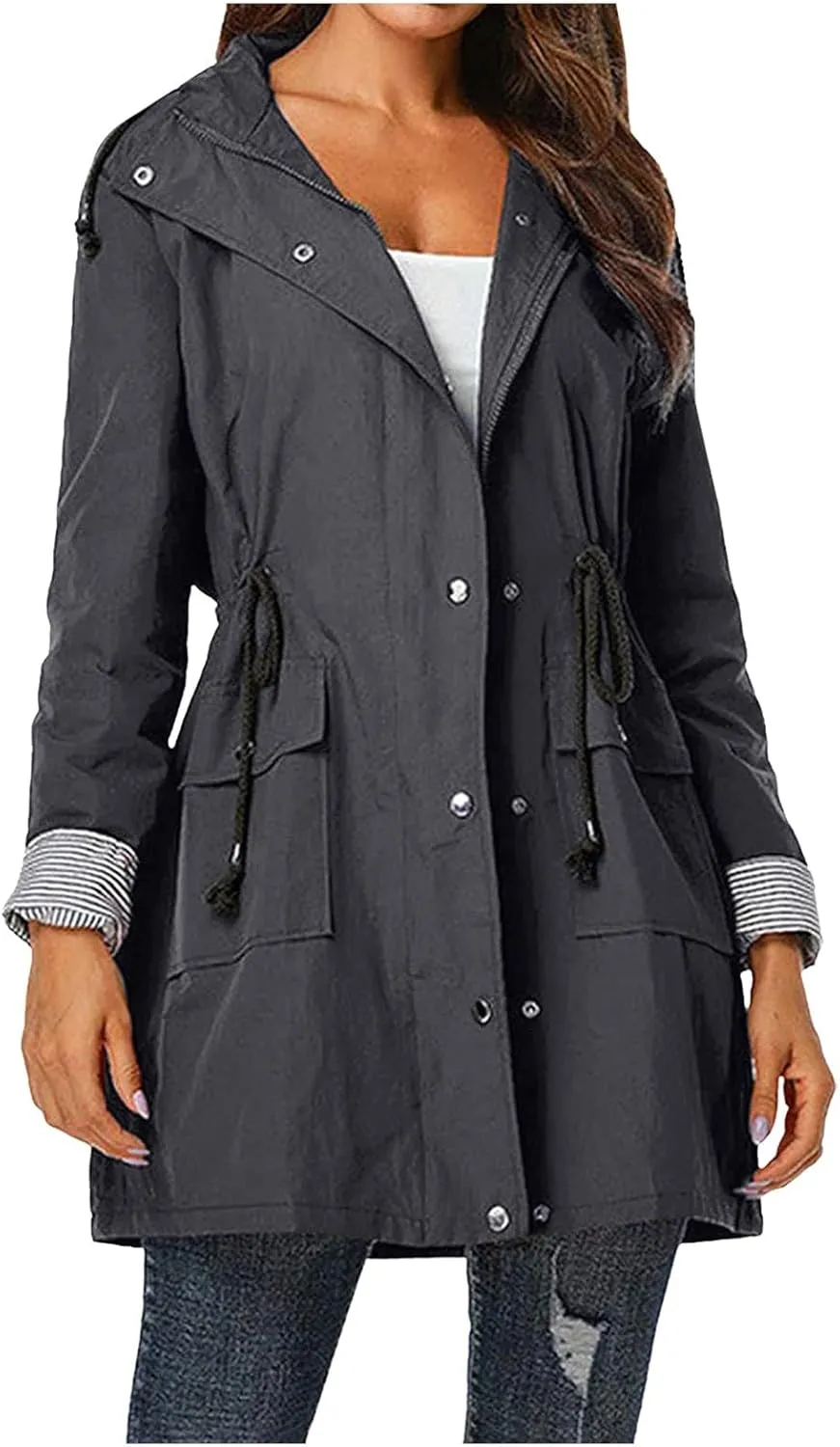 Women'S Windbreaker Gothic Punk Collar Pea Coat Winter Coat Women'S Long Fleece Pea Jacket Slim Hooded Dress Coat