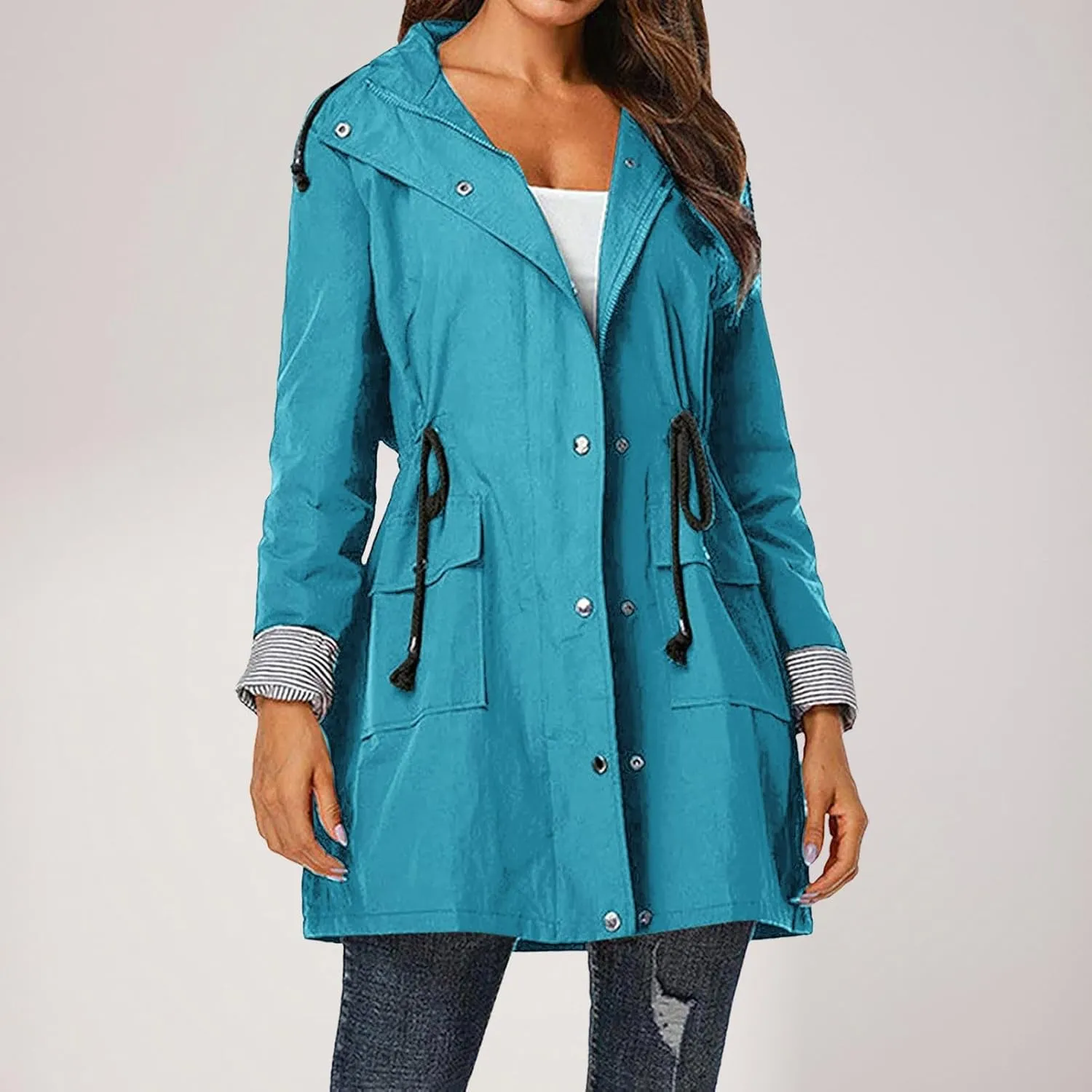Women'S Windbreaker Gothic Punk Collar Pea Coat Winter Coat Women'S Long Fleece Pea Jacket Slim Hooded Dress Coat