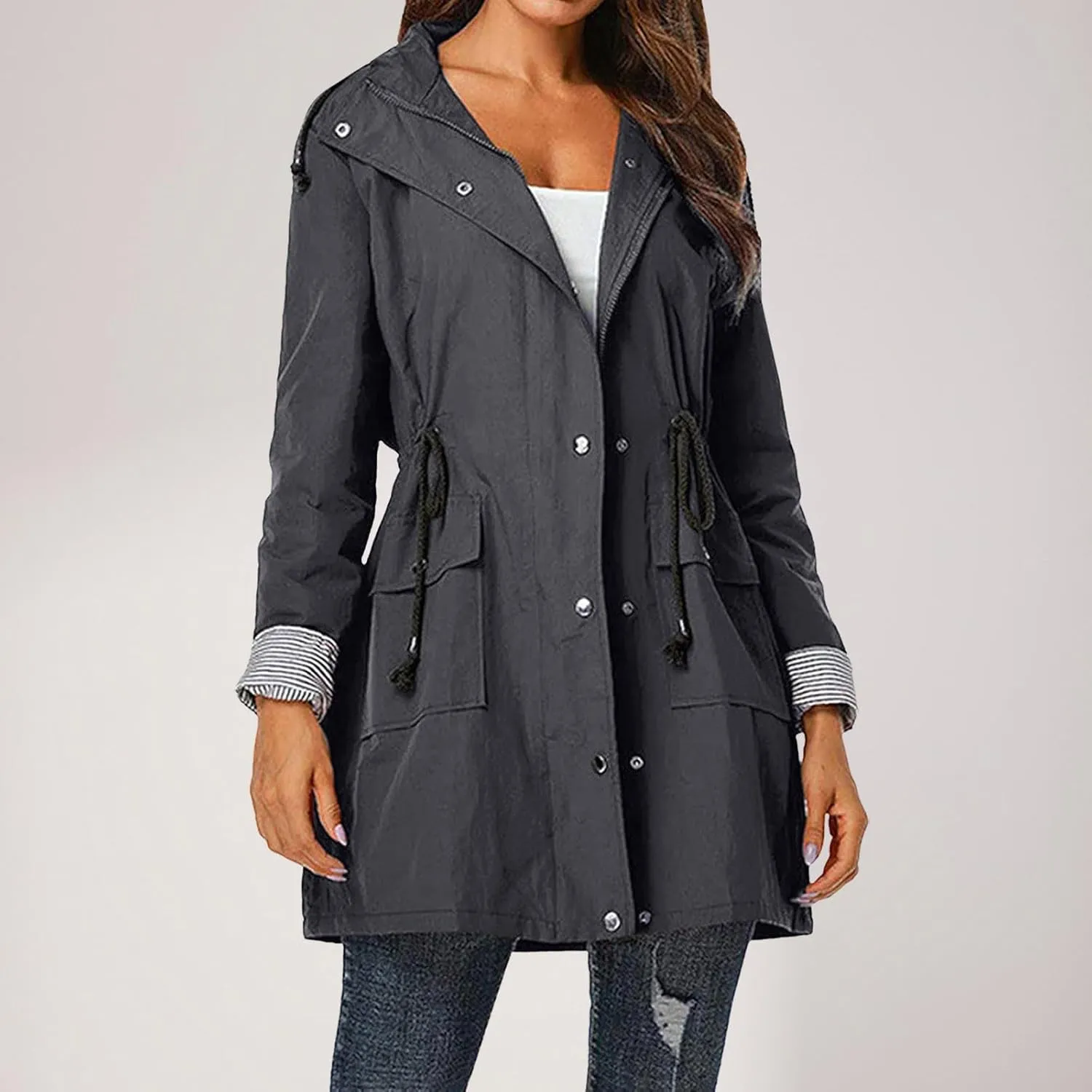 Women'S Windbreaker Gothic Punk Collar Pea Coat Winter Coat Women'S Long Fleece Pea Jacket Slim Hooded Dress Coat
