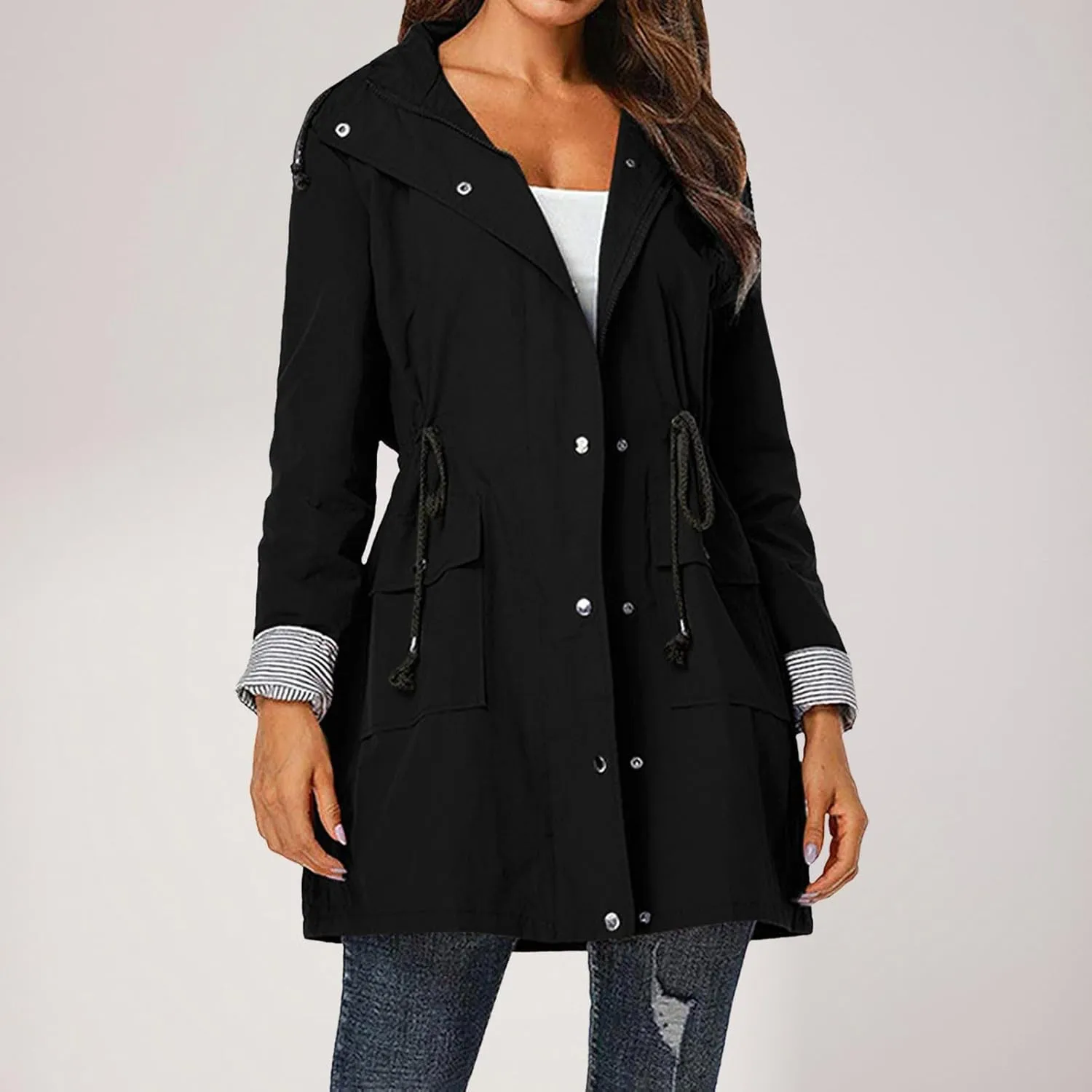 Women'S Windbreaker Gothic Punk Collar Pea Coat Winter Coat Women'S Long Fleece Pea Jacket Slim Hooded Dress Coat
